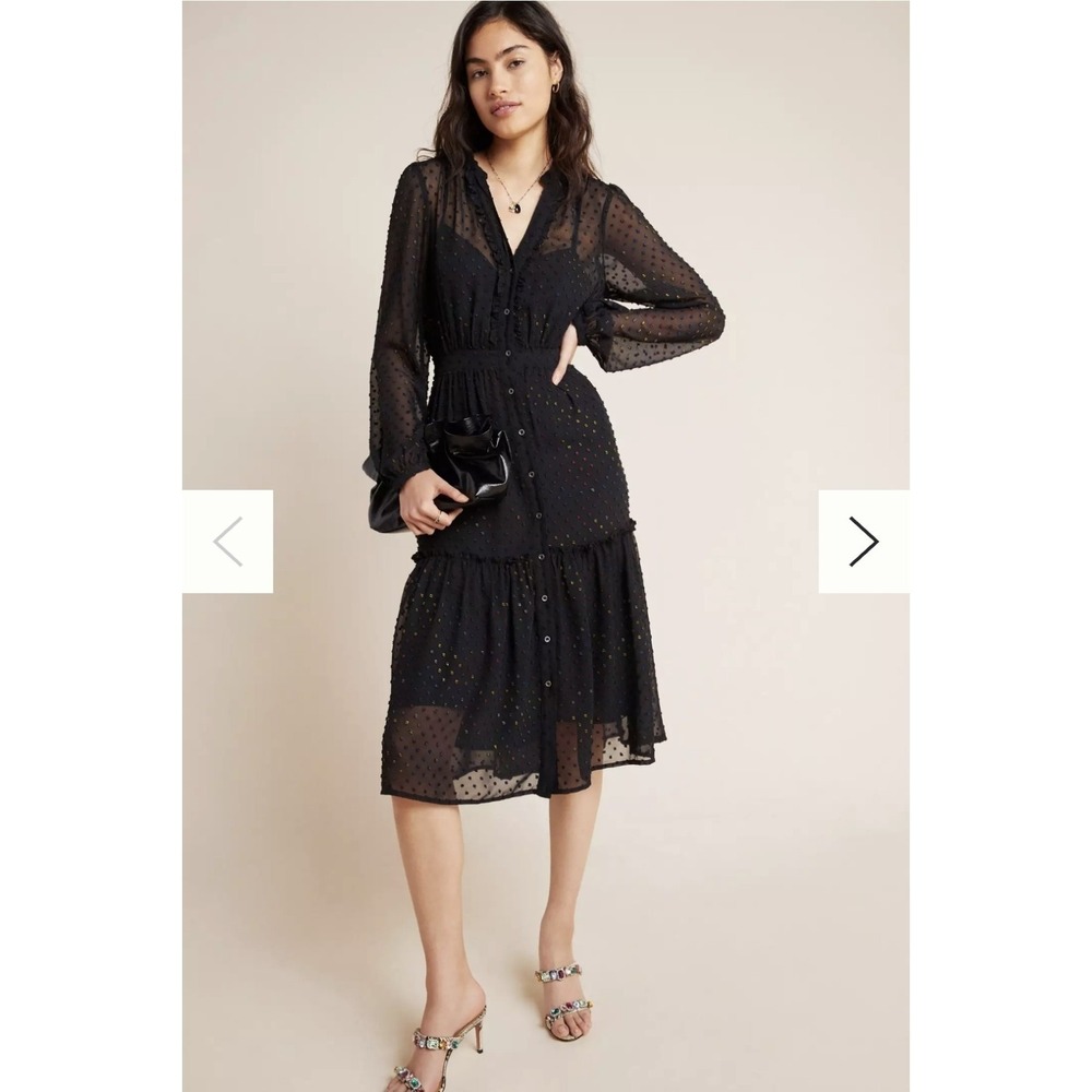 Anthropologie Audrey Clip Dot Shirtdress US 4 Black Rainbow Clip Dot Midi Dress